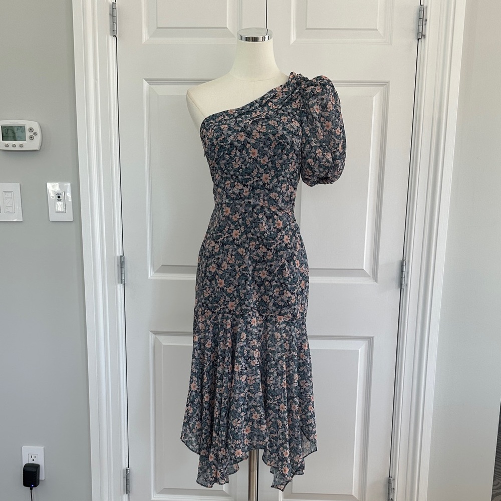 ASTR The Label Santorini Blue Peach Floral One-Shoulder Chiffon Dress Size XS